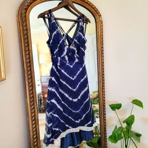BCBG tie dye silk chiffon navy blue dress